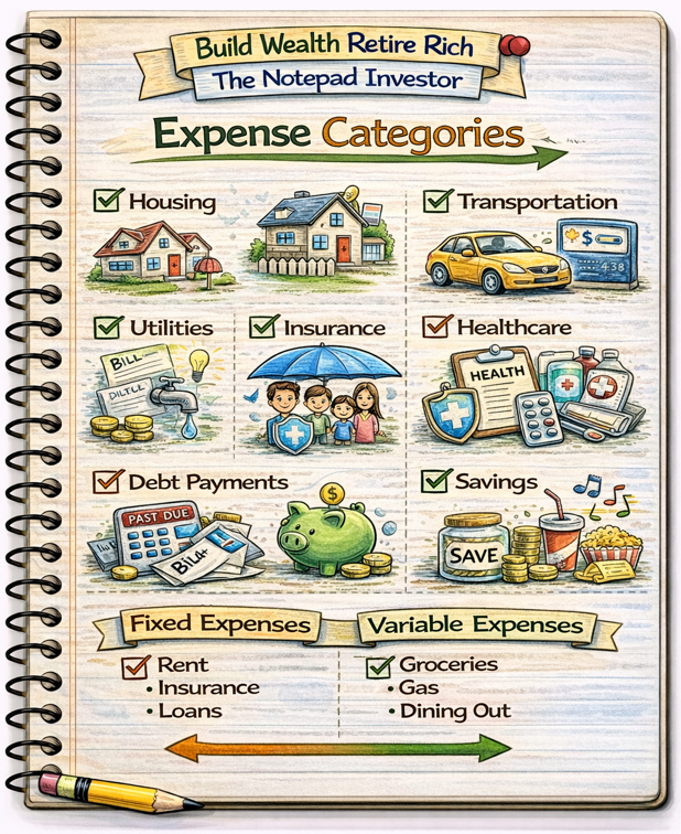 Notebook sketch explaining personal finance