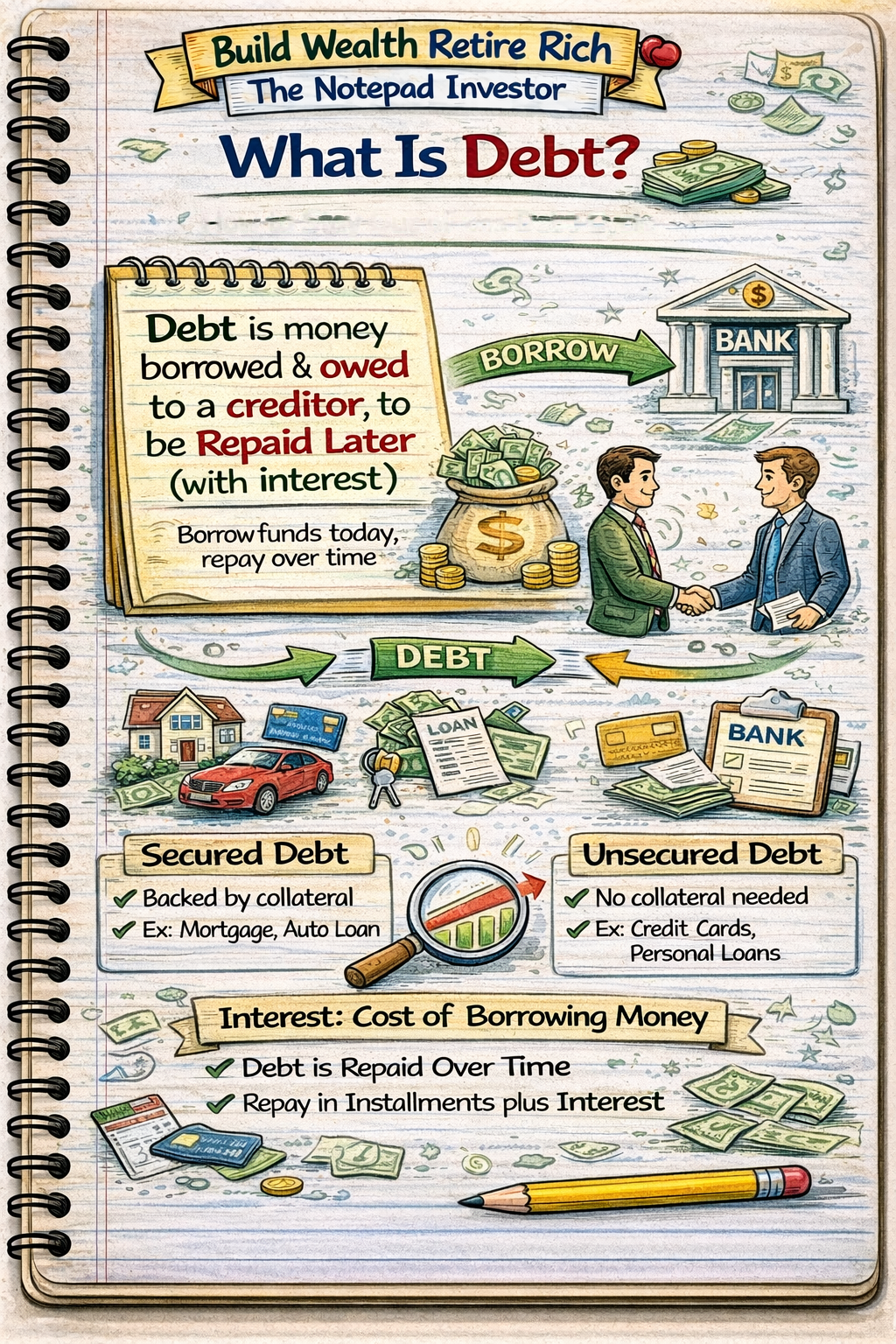 Notebook sketch explaining personal finance