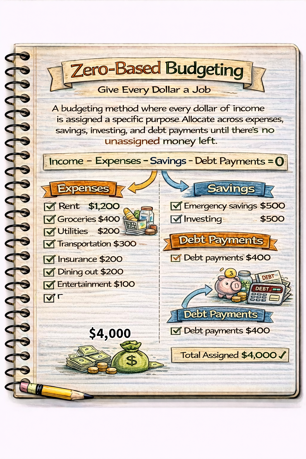 Notebook sketch explaining personal finance